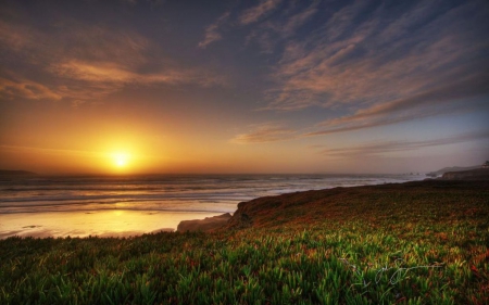 Beach V. - summer, coast, beach, landscape, scene, grass, sunrise, light, reflection, dawn, field, sky, sun, clouds, hill, abstract, sunlight, water, photography, sea, sunshine, HD, ocean, nature, sunset, waves, dusk, mountains, shine, wallpaper