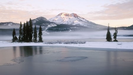 frozen lake on a winter morning - morning, lake, trees, mountain, winter, frozen