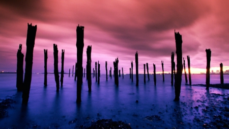 old broken pillars in boston harbor - pillars, twilight, harbor, old, lights