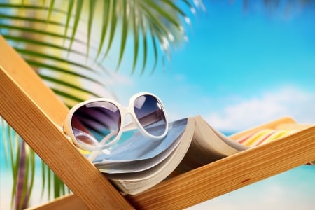 â™¥Summer Vacationâ™¥ - vacation, chair, beach, sunshine, palms, summer, sunglasses, book