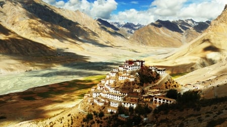 buddhist monastery atop a himalayan hill - hill, village, monastery, valley, clouds, mountains