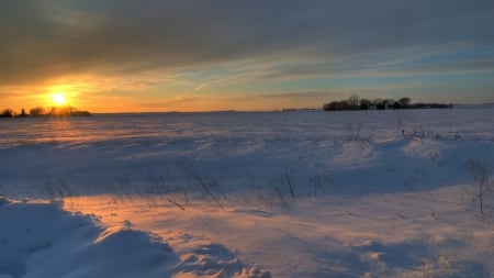 sunset over winter landscape - prairie, horizon, winter, sunset