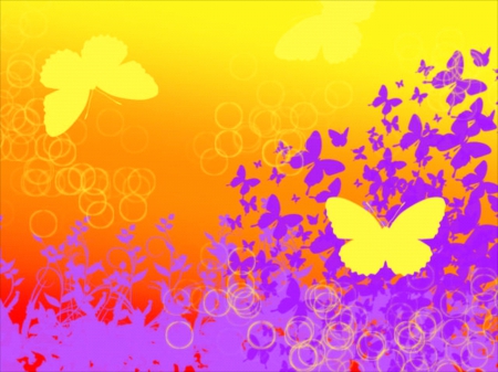 Flutterbright - purple, butterflies, bright, yellow, abstract, colorful