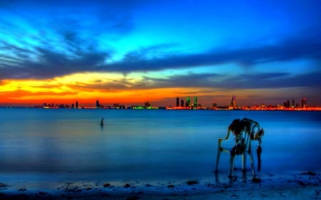 best chair in the house hdr - sunset, hdr, seaweed, city, bay, chair