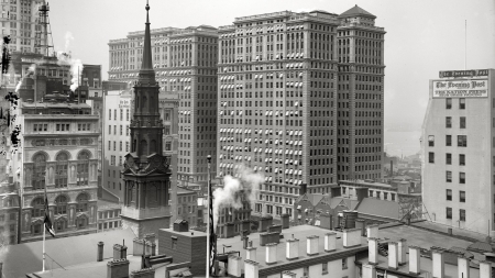 historical new york city in grayscale - river, historical, skyscrapers, city, grayscale