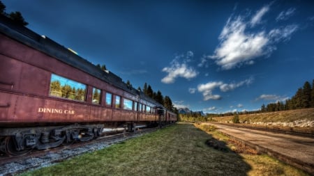 old train in canadian high country hdr - train, sky, cars, tracks, hdr, mountains, road