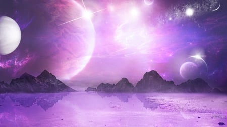 Purple Sky Space - moon, purple, planets, stars, mountains, space, lavender