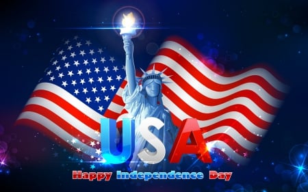 Happy 4th Of July - 4th of July, USA, flame, stars, American flag, holiday, Independence Day, Statue of Liberty, statue, flag