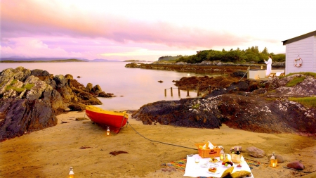 romantique picnic on a beach - cove, beach, boat, picnic, rocks