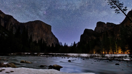 starry night in beautiful yosemite in winter - river, trees, winter, cliffs, night, mountains, stars