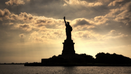 magnificent silhouette of statue of liberty - clouds, island, statue, silhouette, harbor, sunset