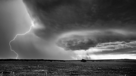 lightning storm over fields in grayscale - storm, lightning, clouds, grayscale, fields