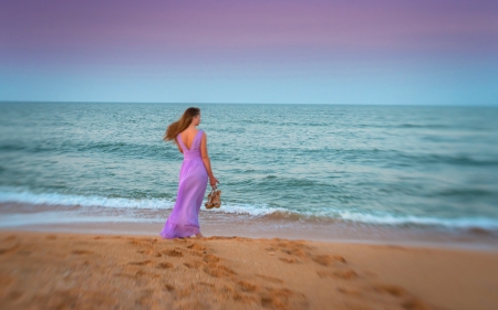 Lonely â™¥ - woman, beauty, beach, ocean, girl, photography, purple, alone, lonely, beautiful, sea, sand