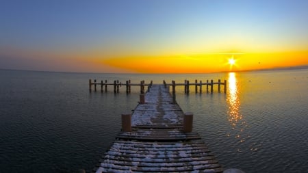 sea pier in winter at sunset - sea, winter, sunset, pier