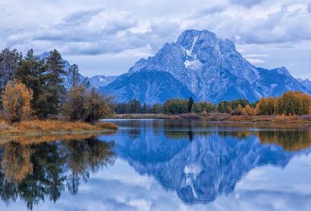 * WYOMING-mount Moran and Snake river * - autumn, trees, mount, mountains, nature, forest, reflection, clouds, river