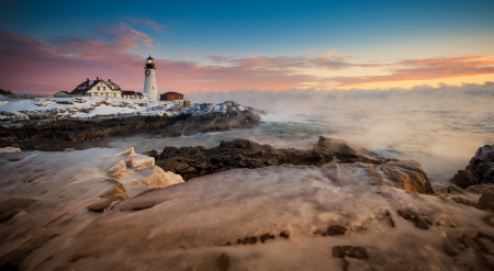 On The Shore - clouds, house, water, lighthouse, brown, rock, ocean, architecture, sunset, nature, dirt, sky, building