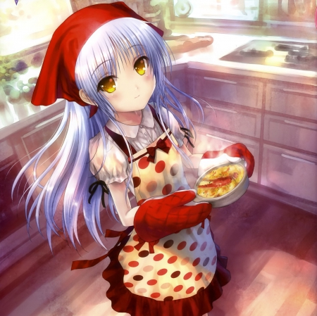 Food is Served - pretty, anime, yellow, female, food, angel beats, long hair, home, kanade tachibana, tachibana, kanade, hd, nice, purple hair, house, yellow eyes, anime girl, beautiful, girl, beauty, lovely, sweet, cg, tachibana kanade, mittens, kitchen, gloves