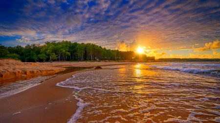 Baltic Sea Sunset - clouds, sunset, beach, beautiful, waves, forest, sand, sky