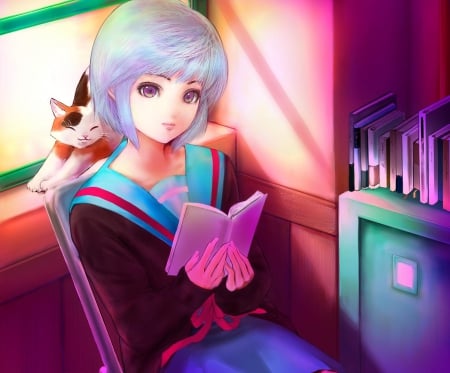 Yuki Rei - pretty, anime, female, book, ayanami rei, Haruhi Suzumiya, Melancholy of Haruhi Suzumiya, uniform, short hair, blue hair, suzumiya haruhi no yuuutsu, neon genesis evangelion, nice, rei, anime girl, beautiful, reading, ayanami, cosplay, girl, beauty, lovely, sweet, school uniform, evangelion, rei ayanami, eva, crossover