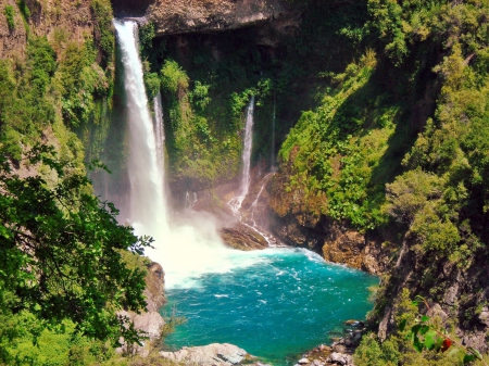 Radal Seven Cups National Park - trees, beautiful, chile, lagoon, waterfall, grass