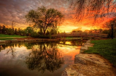 Sunrise In Victoria Park - sky, london, trees, meadow, lawn, reflection, river, beautiful, clouds, sunrise, grass, bridge