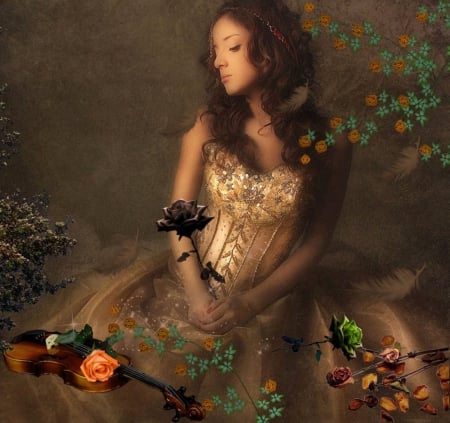 SWEET MELANCHOLY - ROSES, MELANCHOLY, FEATHERS, VIOLIN, DRESS, GOTHIC, FEMALE