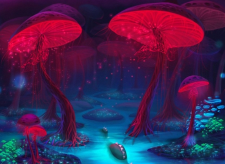 Magical Forest Mushrooms - fantasy, red, mushrooms, traps, forest, magical