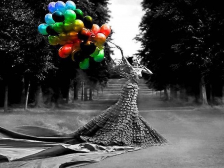 The healthy selfishness - lady, balloons colorful, black and colors, contrast, park, the healthy selfishness