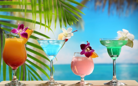 Summer Cocktails for my friends !! - beach, sky, colorfu, trees, summer, lovely, galsses, blue, beautiful, flowers, four glasses, palm leaves, cocktails