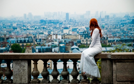 Enjoying the View.. - sitting, red-haired girl, view, white dress, paris, dress