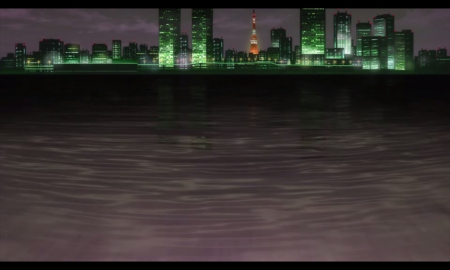 Green City - magic, ripples, water, darkness, glowing, dark, anime, green, scene, building, ocean, scenic, magical, light, night, glow, town, city, scenery, sea