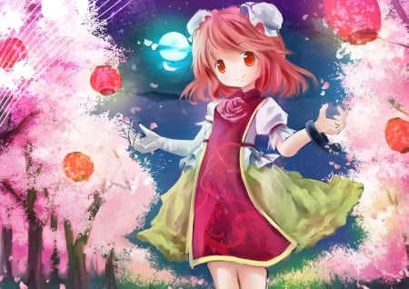 Red Lantern - nice, beauty, sky, redhead, female, ibaraki kasen, anime girl, red eyes, cherry blossom, touhou, pretty, lantern, anime, plant, sakura blossom, cute, scene, moon, girl, night, red hair, gown, lovely, kawaii, pink, beautiful, scenery, sweet, dress