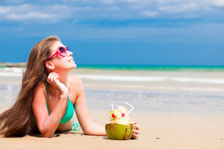 summer - swimsuit, long-haired, profile, beach, girl, brown hair, sand