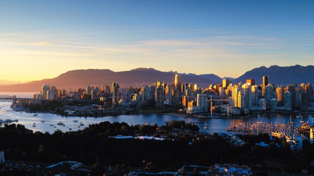 wonderful sunrise over vancouver - reflections, harbor, city, mountains, sunrise, bridge