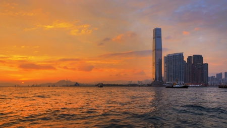 wonderful skyscraper in hong kong at sunset - clouds, sunset, skyscraper, city, bay