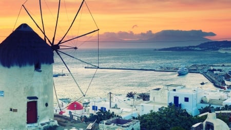 windmill on the island of mykanos at sunset - town, island, harbor, windmill, sunset