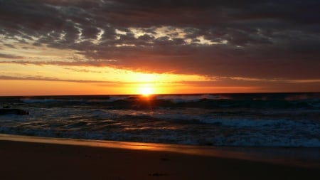 glorious ocean sunrise - clouds, beach, sea, sunrise, waves