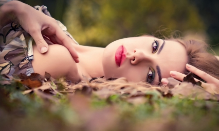 Nature - girl, make-up, nature, leaves