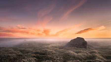 grassy meadow on a foggy morning - rocks, meadow, fog, sunrise, grass