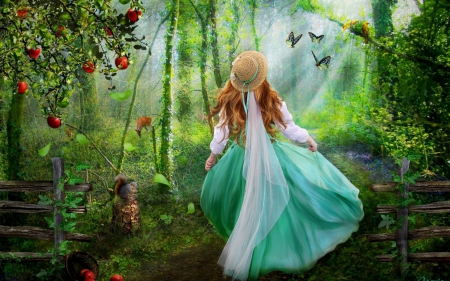 Alice in Wonderland - hat, wonderland, blue, dress, girl, forest, child, fantasy, green, rendering, butterfly, alice