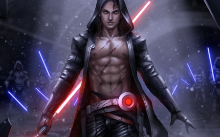 Fantasy man - star wars, game, blue, sword, guy, magical, man, black, fantasy, red