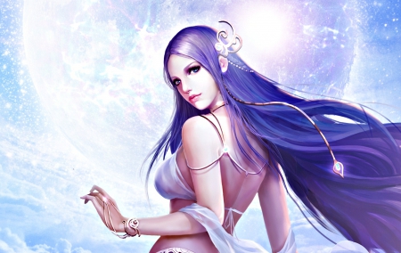 Fantasy girl - woman, moon, league of angels, beauty, girl, fantasy, white, purple, game, blue, pink