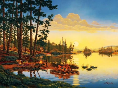 Life's little Pleasure - house, water, artwork, boat, picnic, children, islands, river, sunset, fireplace