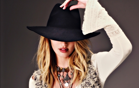 Candice Swanepoel - woman, girl, hat, cowgirl, black, model, white, candice swanepoel, blonde