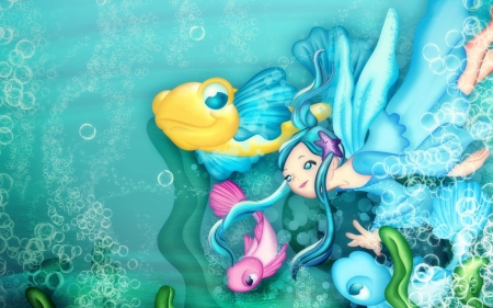 Fairy - water, bubbles, yellow, girl, blue, wings, fantasy, fish, fairy, sea, woman, underwater