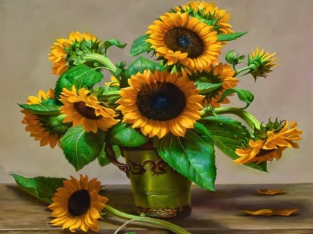 Still life - pretty, beautiful, flowers, bouquet, vase, still life, art, sunflowers, lovely, painting