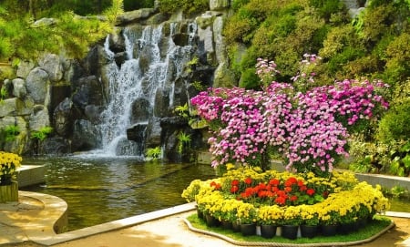 Beautiful park - cascades, park, summer, waterfall, lovely, beautiful, flowers, pond, garden