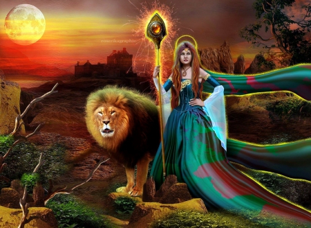 ~Princesse Kuoma~ - elegant, attractions in dreams, creative pre-made, dress, photomanipulation, sunsets, dark, princess, face, lion, beautiful, backgrounds, digital art, models, weird things people wear, girls, fantasy, moons, kuoma, lady, love four seasons