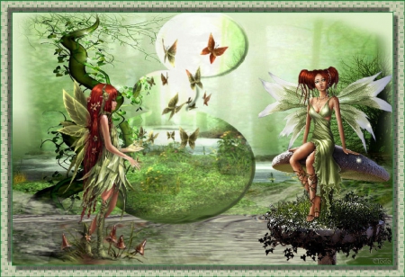 THE FAIRY POND - FAIRIES, WINGS, FEMALES, POND, BUTTERFLIES, MUSHROOMS