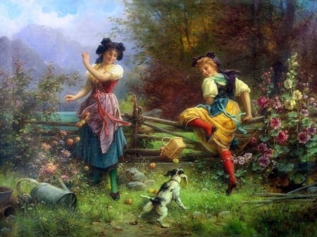 â˜…Apple Droppedâ˜… - people, enjoy, basket, creative pre-made, pretty, vintage, dog, paintings, garden, attractions in dreams, dropped, summer, fantasy aficionados, playing, lovely, apples, love four seasons, most downloaded, weird things people wear, beautiful, seasons, fallen, flowers